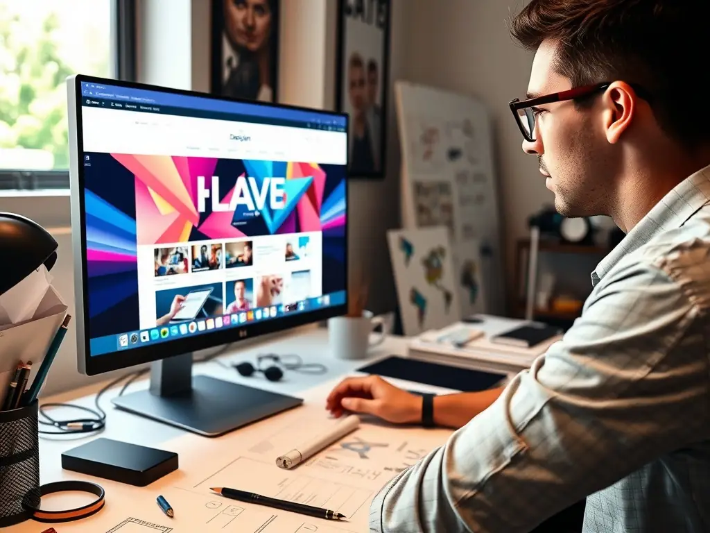 Imagen de un diseñador web trabajando en un diseño de sitio web moderno y atractivo en su computadora portátil, mostrando la creatividad y la atención al detalle que Web Scalers aporta a cada proyecto.
